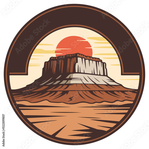 Desert Plateau Sunset Badge – Vector Illustration,desert, circle, sunset,logo,mountain.