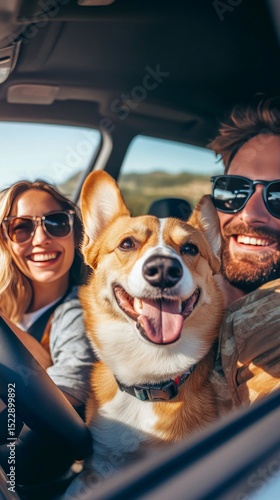 Cheerful couple enjoys a joyful road trip with their corgi on a sunny day