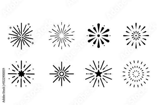 Set of black fireworks on a white background