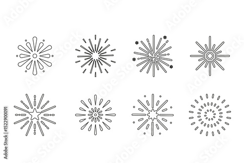 Set of outline fireworks on a white background