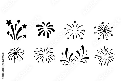 Set of different silhouettes of fireworks on a white background