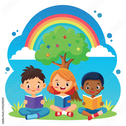 Children Reading Books Under a Colorful Rainbow Cartoon Illustration for Education