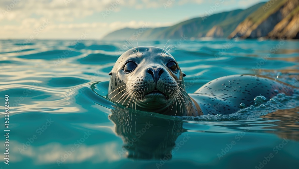 Fototapeta premium A seal sticking its head above water while swimming along the west coast.