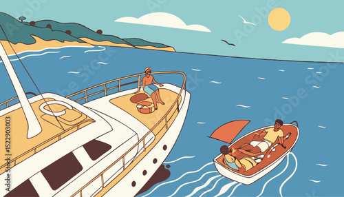 People sailing on yacht or at cruise boat. Vector ocean or sea adventure, water party. Friends marine or nautical travel, coastline tourism. Holiday and relaxation on ship deck. Vacation leisure.     