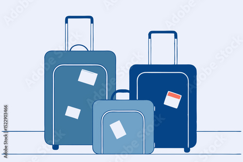 Three travel suitcases with luggage tags on a light background - Concept of Travel  