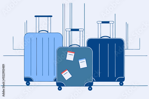 Three travel suitcases with luggage tags on a light background - Concept of Travel  
