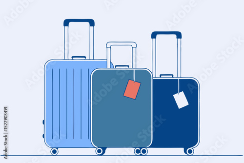 Three travel suitcases with luggage tags on a light background - Concept of Travel  