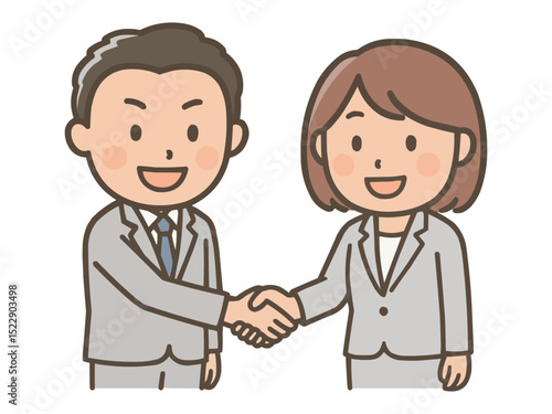 固い握手をするスーツ姿の男女ビジネスマンのイラスト