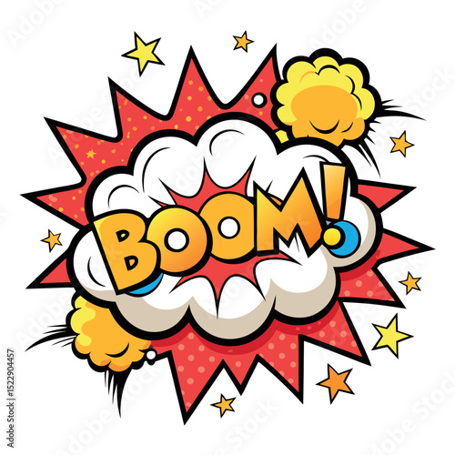 Colorful Comic Book Explosion with BOOM! Word, Cloud, Stars and Red Burst