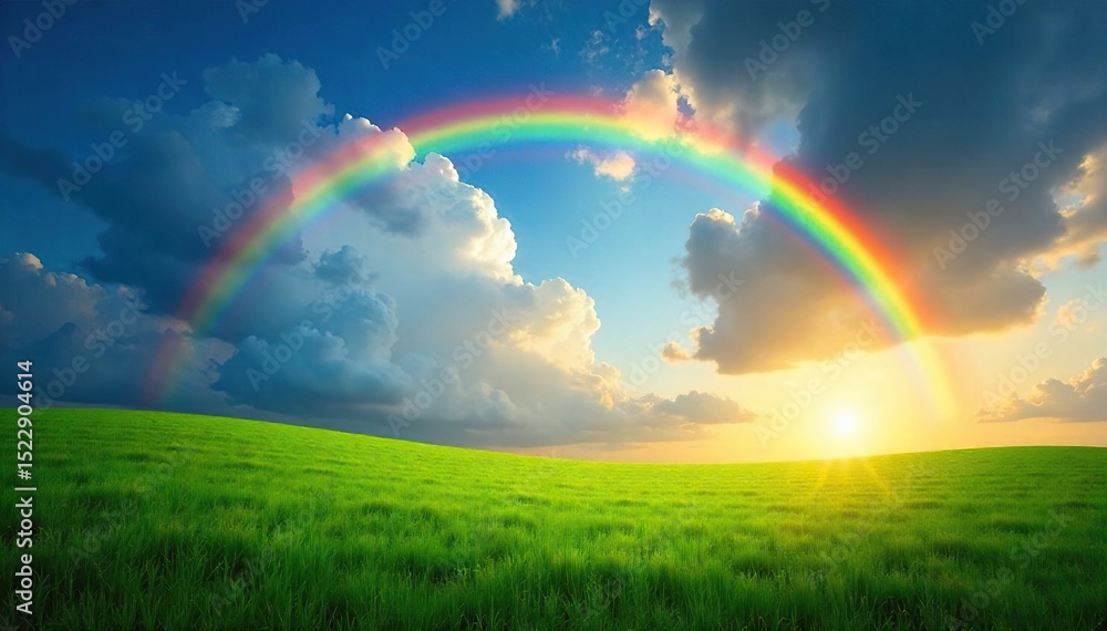 A vibrant rainbow arcing over a lush green field, sun shining, conveying universal joy and contentment Perfect for themes of inclusivity, optimism, and well-being , tranquil, happiness A vibrant rainbow arcing over a lush green field, sun shining, conveying universal joy and contentment Perfect for themes of inclusivity, optimism, and well-being , tranquil, happiness