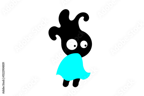 Creative Black Cartoon Mascot with Blue Cloak – Abstract Vector Design. A creative abstract cartoon character in black silhouette style with large expressive eyes and a blue superhero cape.