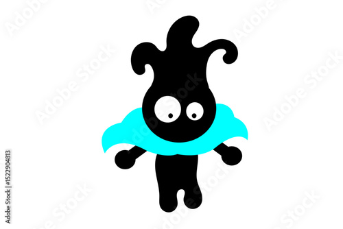 Creative Black Cartoon Mascot with Blue Cloak – Abstract Vector Design. A creative abstract cartoon character in black silhouette style with large expressive eyes and a blue superhero cape.