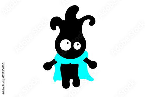 Creative Black Cartoon Mascot with Blue Cloak – Abstract Vector Design. A creative abstract cartoon character in black silhouette style with large expressive eyes and a blue superhero cape.