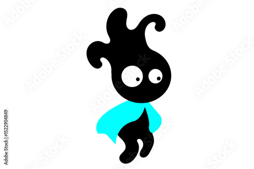 Creative Black Cartoon Mascot with Blue Cloak – Abstract Vector Design. A creative abstract cartoon character in black silhouette style with large expressive eyes and a blue superhero cape.