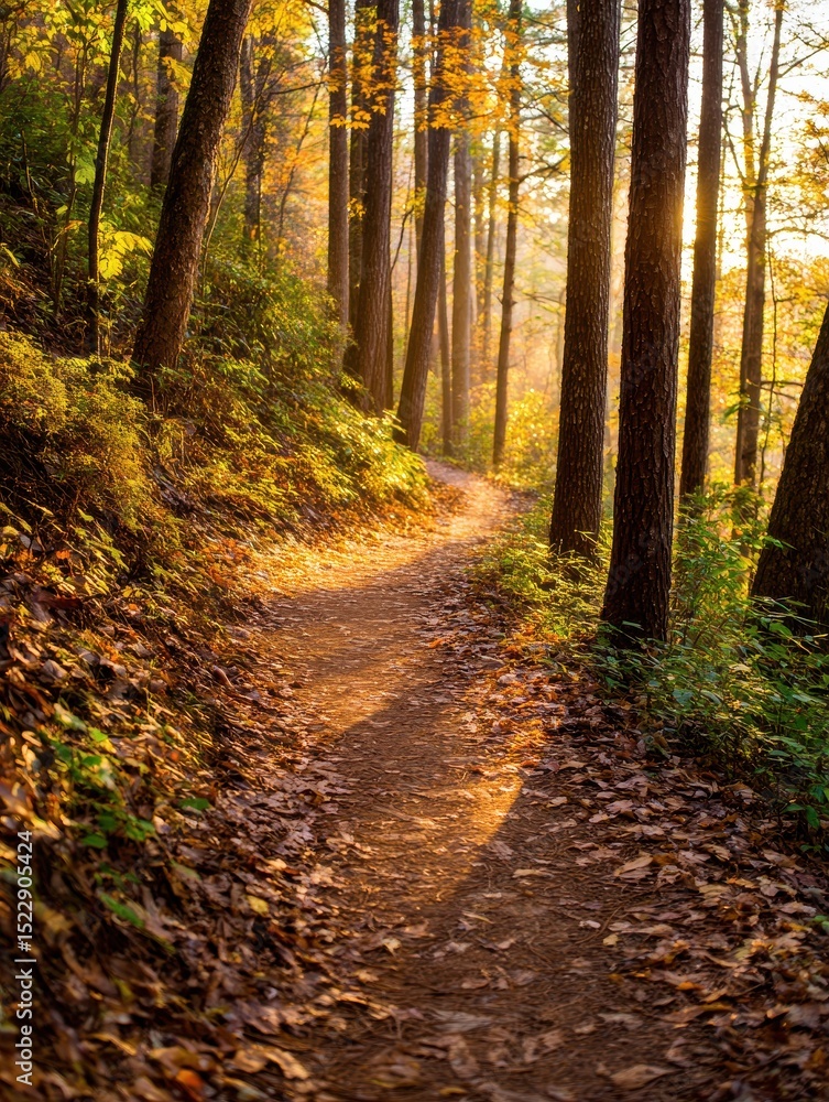 Fototapeta premium Serene autumn trail winding through a vibrant forest with golden leaves and soft sunlight