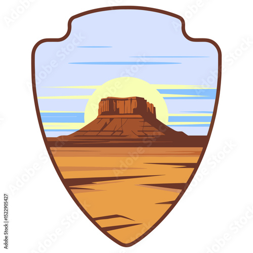 Sunset Over Desert Plateau Vector Emblem, Vector,Illustration,desert,sunset,logo,mountain.