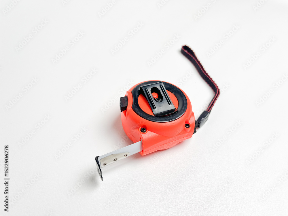 Fototapeta premium Black and orange measuring tape that can be stretched and held at a distance of 10 cm, measuring the concept of length, width and height, accuracy and precision