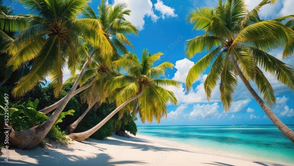 Coconut Palm Trees On Tropical Island. Beautiful Green Palms Lush Leaves Against Blue Sky On Exotic Beach with Empty Copy Space For Text Coconut Palm Trees On Tropical Island. Beautiful Green Palms Lush Leaves Against Blue Sky On Exotic Beach with Empty Copy Space For Text