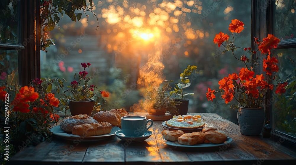Cozy breakfast at window with sunrise garden view Cozy breakfast at window with sunrise garden view