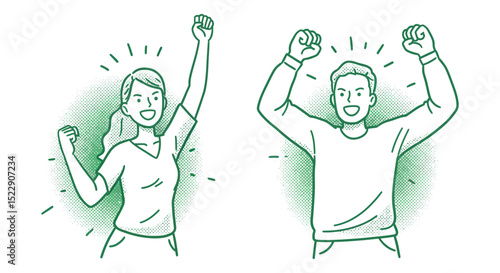 Excited young adults celebrating success with raised fists in line art style vector illustration