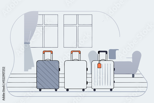 Three luggage suitcases ready for travel in minimalist style - Concept of Vacation  