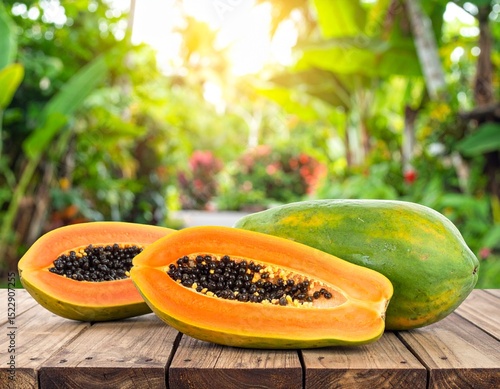 Ripe cut papaya fruit on the wooden table on green jungle background. 
