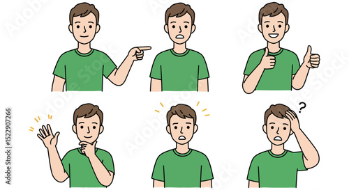Young caucasian male expressing various emotions: confusion, happiness, approval, curiosity, surprise vector illustration