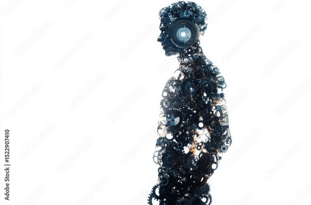 Fototapeta premium Conceptual abstract inspector on the left a silhouette crafted from interlocking mechanical and analytical elements like gears