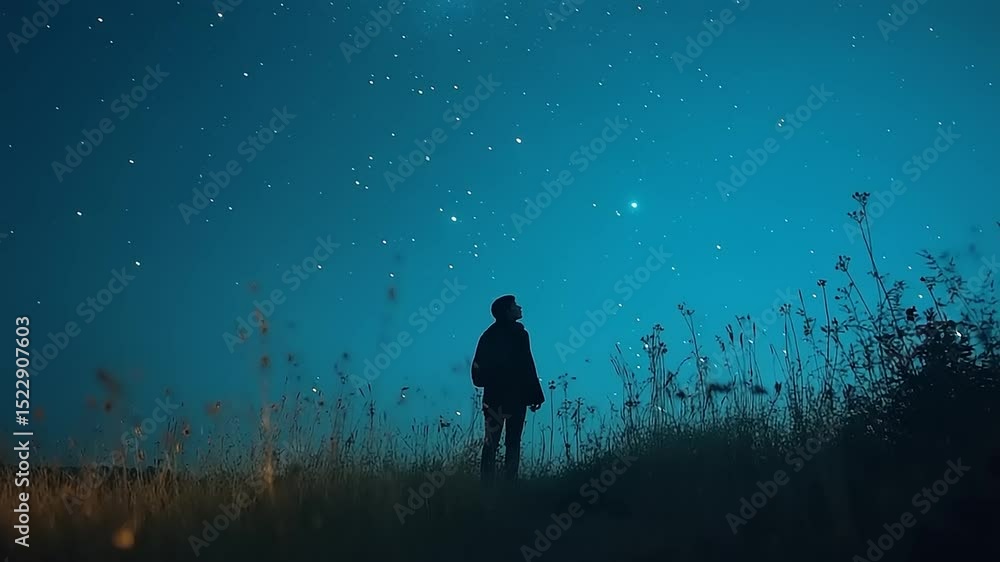 Person gazing at a starry night sky, surrounded by tall grass and distant hills under a serene atmosphere Person gazing at a starry night sky, surrounded by tall grass and distant hills under a serene atmosphere