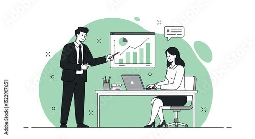 Business presentation with caucasian male and female colleagues analyzing growth chart in office vector illustration
