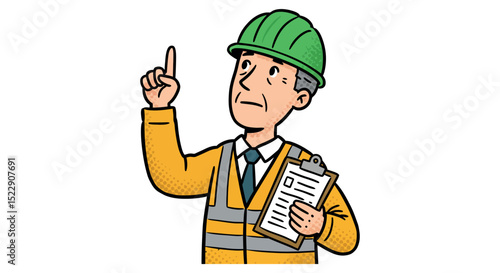 Mature asian male engineer with hard hat holding clipboard and pointing up vector illustration
