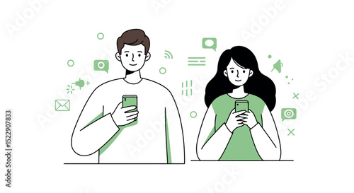 Asian young male and female using smartphones with social media icons vector illustration