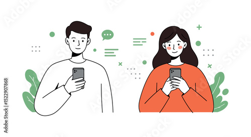 Young caucasian male and female using smartphones in minimalist style illustration vector illustration