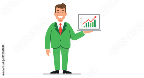Young caucasian male holding laptop with rising graph in green suit vector illustration