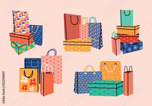 Wallpaper Mural Set of five stacks of shoe boxes with various craft paper shopping or gift bags. Sacks for purchases, presents in retro cartoon. Hand drawn colored vector flat illustration. Shopping, sale concept. Torontodigital.ca
