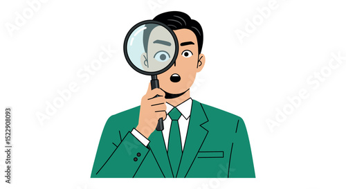 Curious male cartoon holding magnifying glass examining object vector illustration
