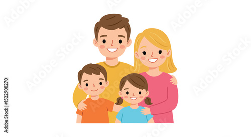 Happy cartoon family portrait with smiling characters in casual outfits vector illustration