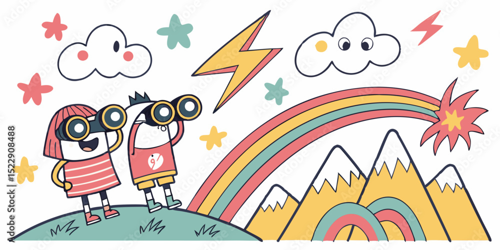Kids with binoculars exploring rainbow mountains Kids with binoculars exploring rainbow mountains