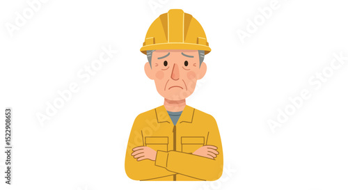 Elderly caucasian male construction worker frowning in yellow attire and hard hat vector illustration