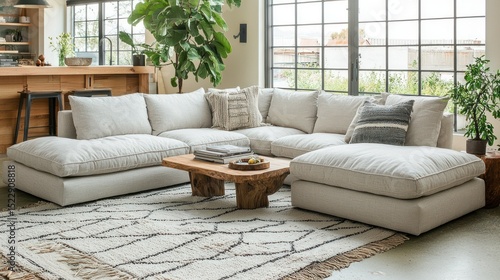 Light beige sectional sofa set, modern, cozy living room