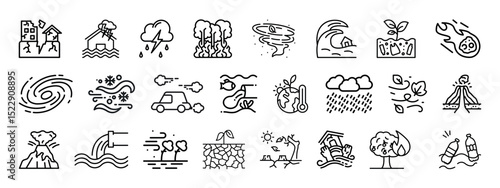 Disaster, weather hazard line icon set. Natural and environmental calamities, wildfire, earthquake, tornado, flood, water pollution, tsunami, volcanic eruption, blizzard linear vector illustration.