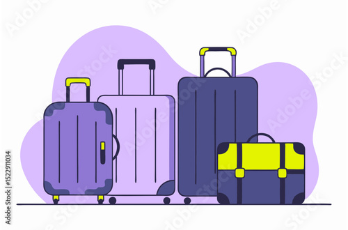 Luggage collection in purple colors arranged for vacation concept  