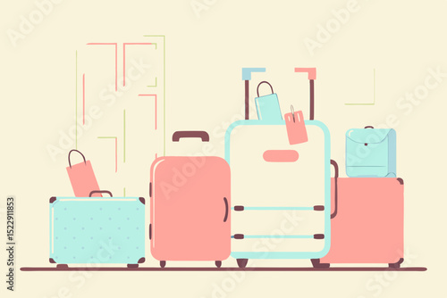 Luggage collection in pastel colors stacked together for travel concept  