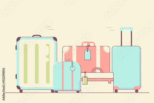 Luggage collection in pastel colors stacked together for travel concept  