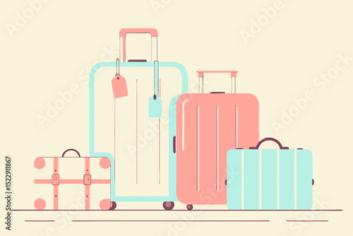 Luggage collection in pastel colors stacked together for travel concept  