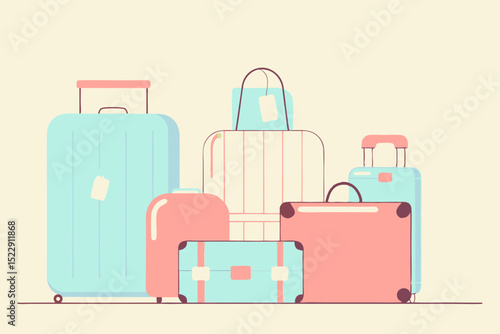 Luggage collection in pastel colors stacked together for travel concept  