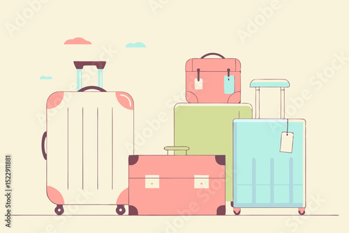 Luggage collection in pastel colors stacked together for travel concept  