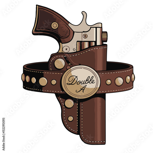 An isolated old leather cowboy hat rests on a wooden board with a brown leather gun belt, black holster, and metal knife
