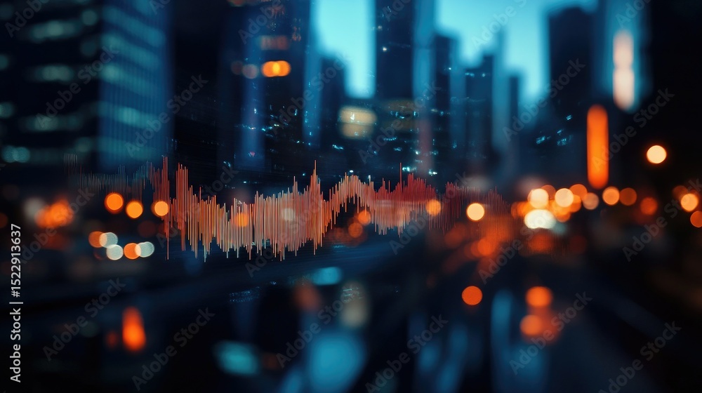Fototapeta premium Isolated waveform floating over a blurred cityscape at night, blending sound visualization with urban ambience