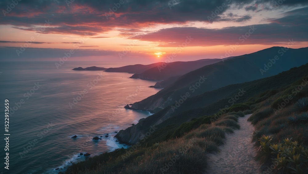 Fototapeta premium Coastal Sunset View From An Elevated Hiking Trail with Empty Copy Space For Text